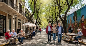 Calle adoquinada y arbolada de Buenos Aires con personas mayores disfrutando del sol. Se ven cafés al aire libre, un puesto de libros y un mural colorido.
