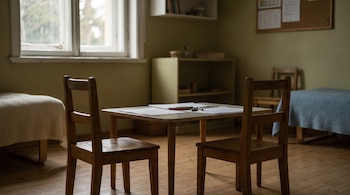 Dos sillas de madera frente a una mesa baja con hojas en blanco y crayones en una habitación con camas pequeñas y una ventana.