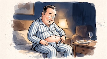 Dibujo de un hombre en pijama a rayas sentado en la cama, mirando su abdomen abultado, junto a una lámpara, un plato con comida y una copa.