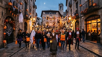 Personas disfrazadas de Halloween caminan por una calle empedrada decorada con calabazas, luces y figuras de fantasmas.