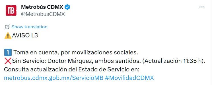 Avance en tiempo real de las diversas líneas de la red de transporte público capitalino. (TW MB CDMX)