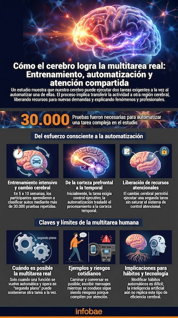 Infografía con ilustraciones de un cerebro brillante, conexiones neuronales, y diagramas que explican el proceso de automatización y multitarea en el cerebro humano.