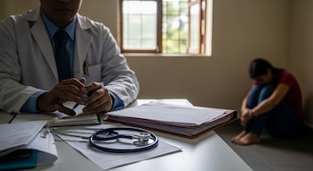 Un doctor con bata blanca y corbata azul sentado en una mesa. Sobre la mesa hay papeles, una carpeta roja y un estetoscopio. Al fondo, una mujer en cuclillas con el rostro cubierto.