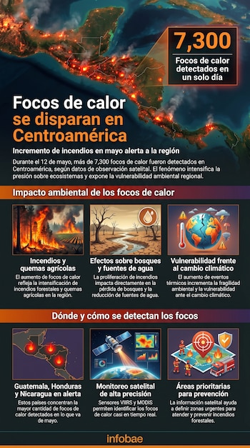 Infografía con mapa satelital de Centroamérica mostrando numerosos focos de calor y humo sobre la región, destacando 7,300 detectados en un día.