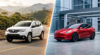 Imagen dividida en dos: a la izquierda un Renault Duster blanco en una carretera con montañas; a la derecha un Tesla Model Y rojo frente a un edificio moderno.