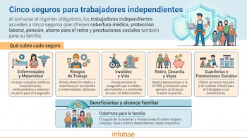 Infografía sobre seguros para trabajadores independientes. Contiene ilustraciones de un trabajador, una familia y cinco iconos de beneficios: salud, laboral, invalidez, retiro, guarderías.