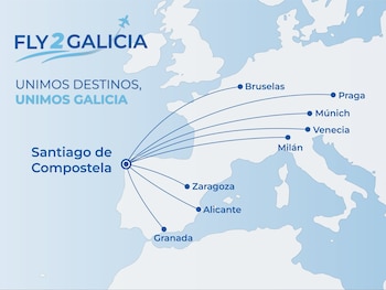 Mapa completo de Fly2Galicia con las conexiones desde Santiago de Compostela (X/@Fly2Galicia)
