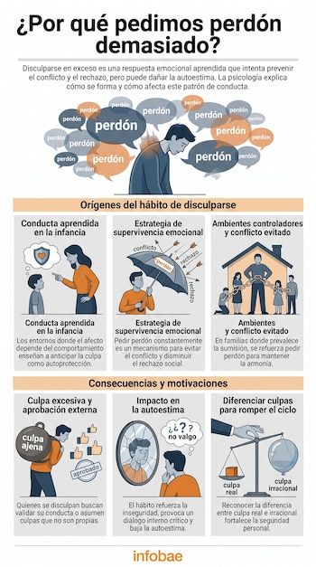 Infografía sobre disculpas excesivas. Muestra una persona, burbujas de diálogo "perdón", escenas de infancia, un paraguas, una balanza, y un espejo roto.