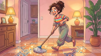 Ilustración de una mujer latina sonriente, trapeando un piso de baldosas de mosaico brillante en una casa con muebles de madera y plantas.