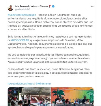 Luis Fernando Velasco dice que está complacido con la actitud de los líderes campesinos en encuentro organizado por el Gobierno - crédito @velascoluisf