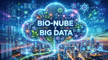 Ilustración con el texto BIO-NUBE y BIG DATA sobre una nube con cadenas de ADN, células, código binario, servidores y una ciudad iluminada de fondo.