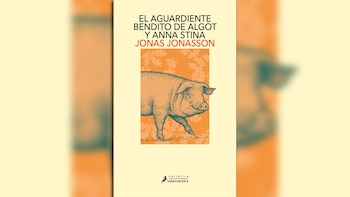 La portada del libro muestra un cerdo dibujado con puntos, caminando sobre un fondo naranja claro con siluetas de hojas de roble y el título en la parte superior
