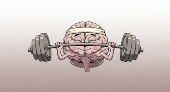 Ilustración de un cerebro humano con una cinta en la cabeza, sonriendo y levantando una barra de pesas con discos en los extremos, sobre un fondo neutro.