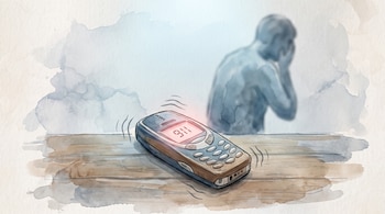 Ilustración de teléfono móvil antiguo vibrando sobre una mesa de madera, con la pantalla encendida mostrando el número 911 y una silueta humana borrosa al fondo.
