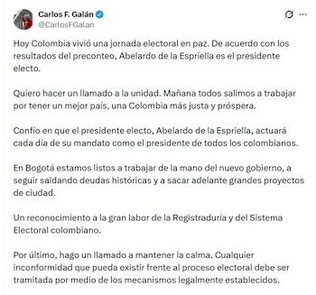 Carlos Fernando Galán, alcalde de Bogotá, destacó que se vivió una jornada en paz - crédito @CarlosFGalan/X