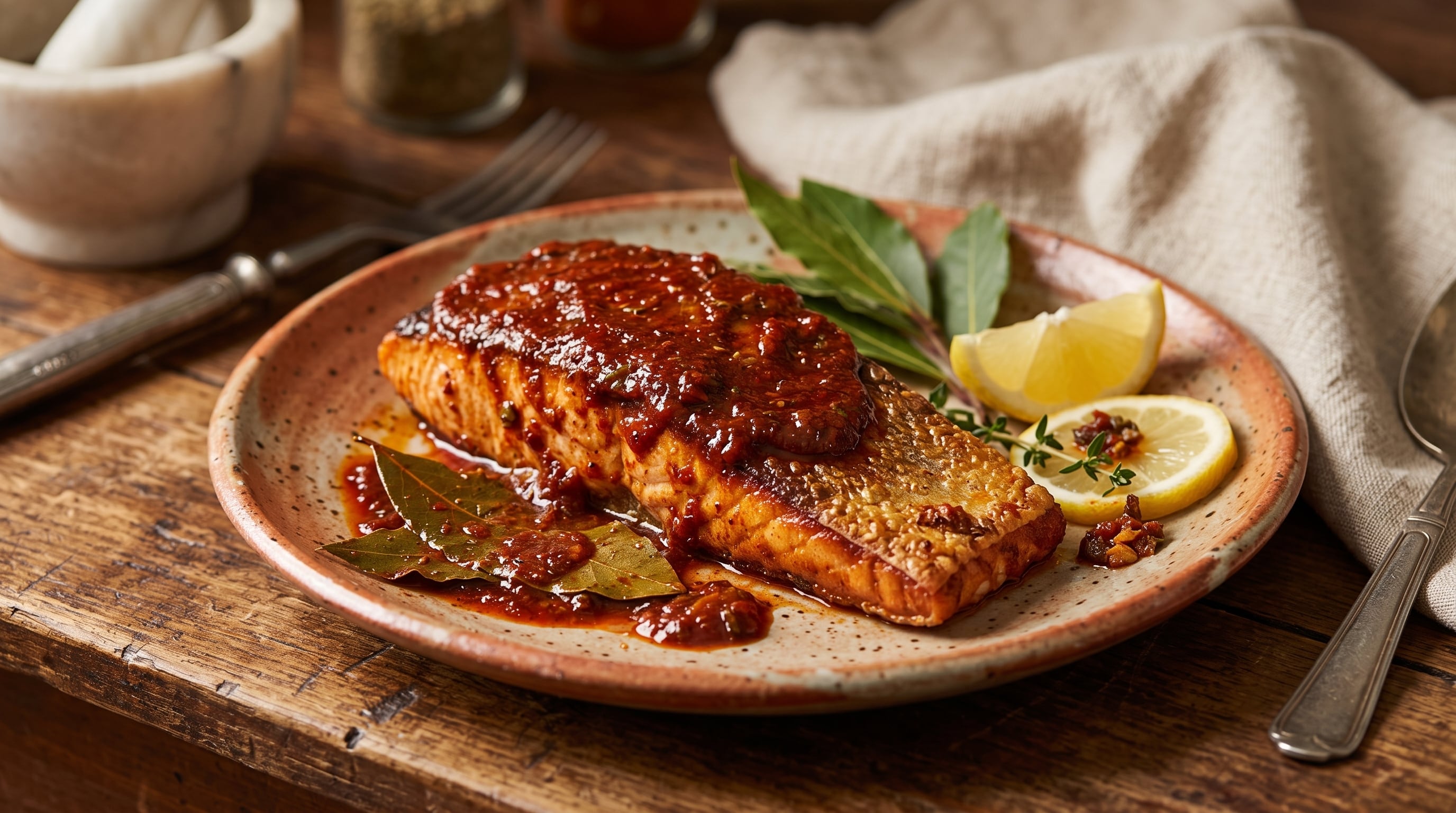Un filete de pescado adobado reposa en un plato de cerámica junto a rodajas de limón y hojas de laurel sobre una mesa de madera. (Imagen Ilustrativa Infobae)
