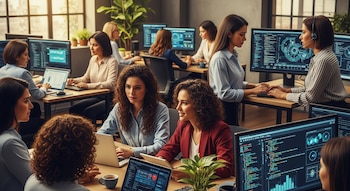 Varias mujeres trabajan en una oficina moderna, sentadas frente a ordenadores con códigos y gráficos en pantalla; algunas dialogan y usan laptops.