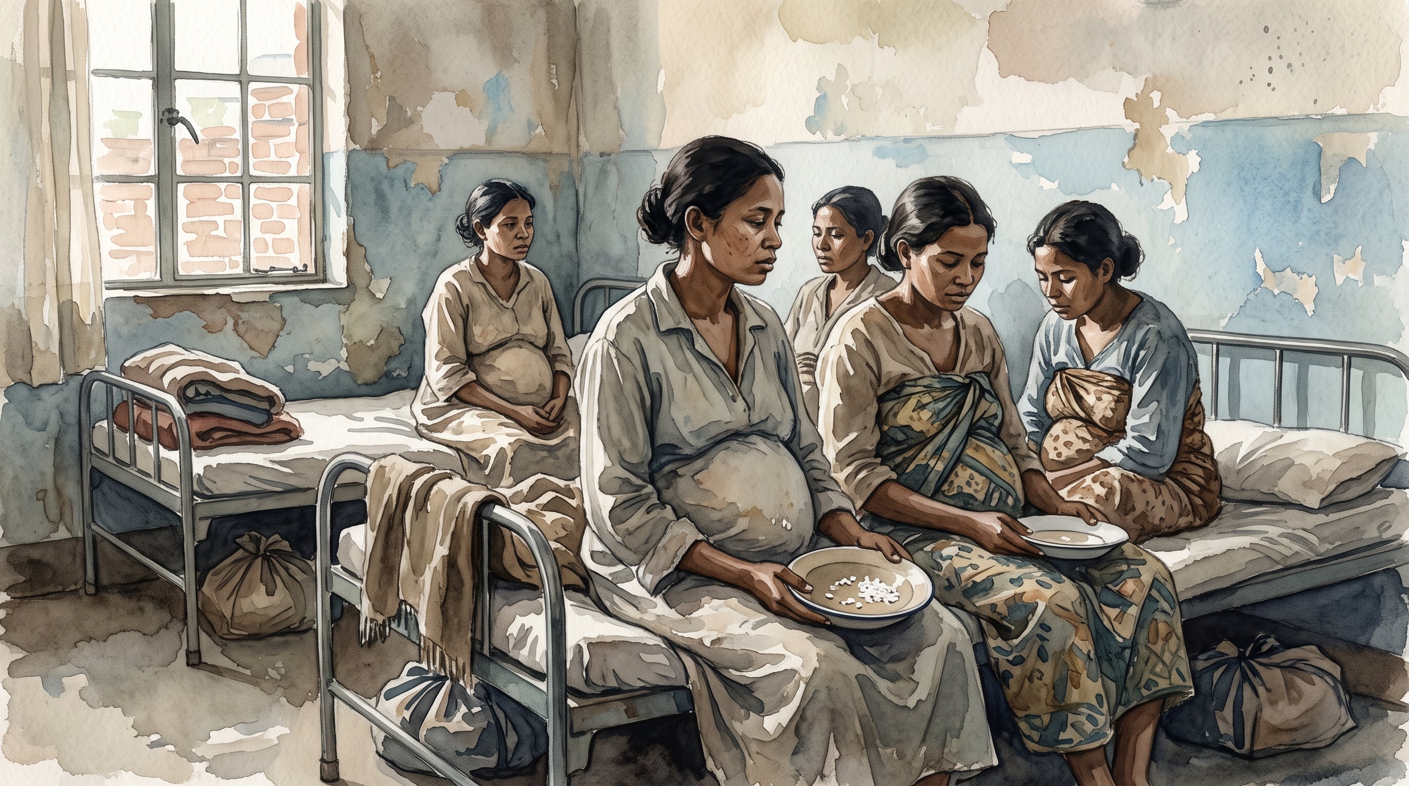 Varias mujeres embarazadas permanecen sentadas en camas metálicas de un centro de salud mientras sostienen platos con raciones reducidas de arroz. (Imagen Ilustrativa Infobae)