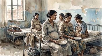 Ilustración en acuarela de mujeres embarazadas sentadas en camas de hospital sosteniendo platos con pocos granos de arroz.