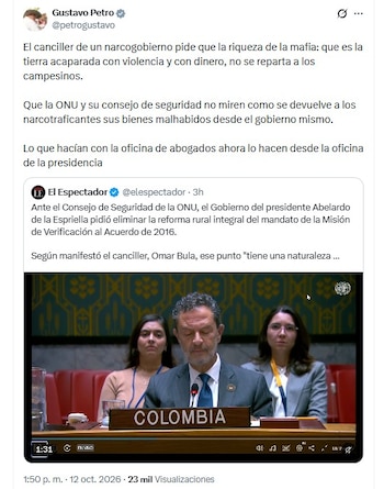 El expresidente Gustavo Petro cuestionó la propuesta del Gobierno sobre la misión de verificación de la ONU - crédito @petrogustavo/X