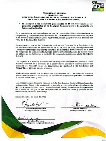 La delegación del Gobierno y la Coordinadora Nacional Ejército Bolivariano negaron que existan pruebas sobre retención de cédulas y afirmaron que hay garantías para ejercer el voto en ese territorio - crédito Consejería Comisionado de Paz