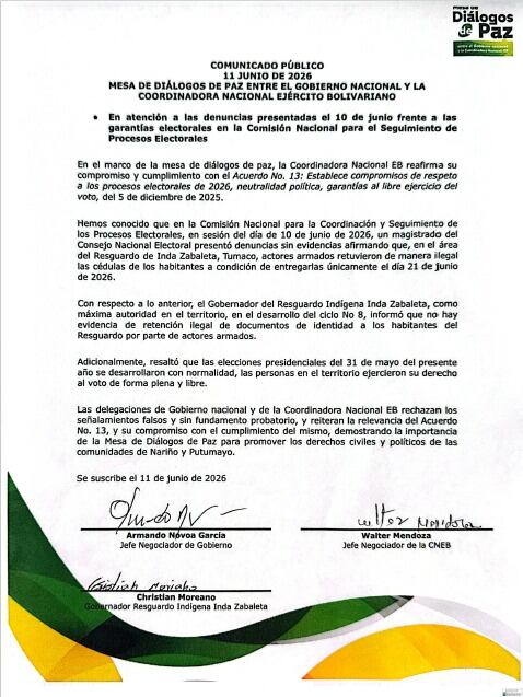 La delegación del Gobierno y la Coordinadora Nacional Ejército Bolivariano negaron que existan pruebas sobre retención de cédulas y afirmaron que hay garantías para ejercer el voto en ese territorio - crédito Consejería Comisionado de Paz