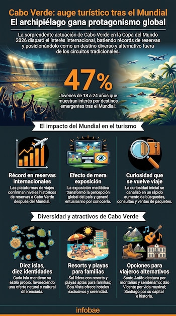 Infografía con ilustraciones de estadio de fútbol, playa, islas, aviones y gráficos, acompañada de textos sobre el auge turístico de Cabo Verde.