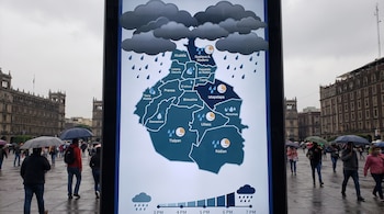 Pantalla digital muestra mapa de la Ciudad de México con símbolos de lluvia y pronóstico horario. Personas con paraguas caminan sobre suelo mojado.