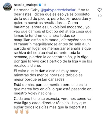 Natalia Málaga le respondió a Gaby Pérez del Solar con un reflexivo mensaje sobre el presente del vóley peruano.