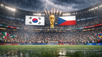 Estadio de fútbol bajo lluvia y tormenta. Banderas de Corea del Sur y República Checa, trofeo dorado central con fuegos artificiales, rayo en el cielo.