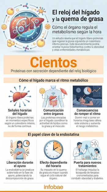 Infografía con un hígado, un reloj biológico, células grasas, personas durmiendo, científicos, tubos de ensayo, gráficas de tiempo y moléculas.