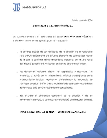 El abogado Jaime Granados Peña, defensor de Santiago Uribe, rechazó la decisión de la Corte Suprema de Justicia de confirmar la sentencia condenatoria contra su cliente - crédito @JGranadosPena/X