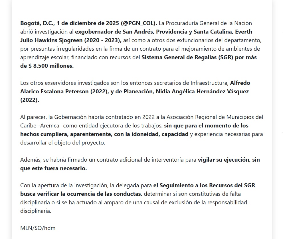 La Procuraduría también le había abierto a Everth Hawkins una investigación por irregularidades en un contrato para el mejoramiento de ambientes de aprendizaje escolar - crédito Procuraduría