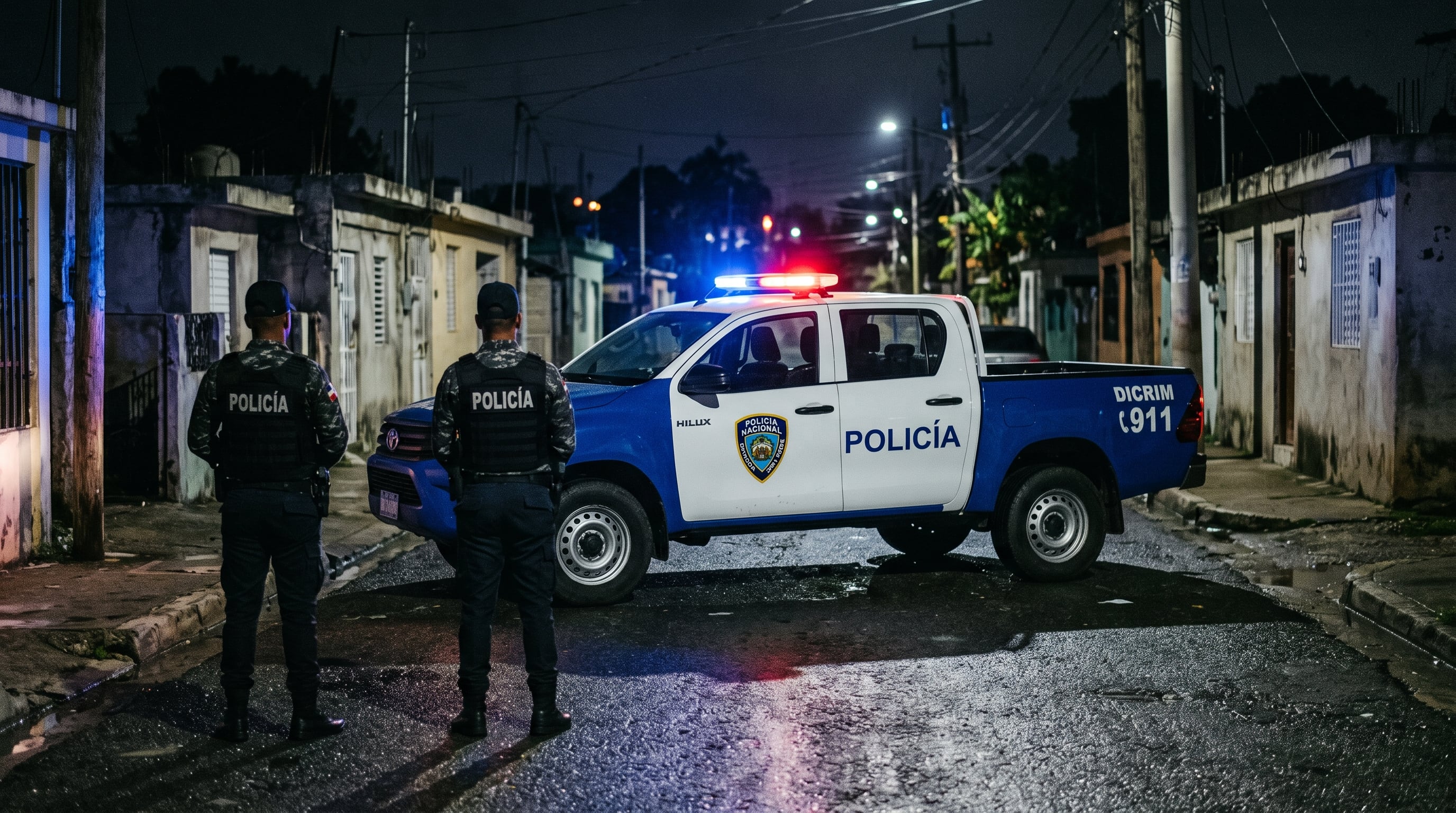 Agentes de la Policía Nacional y de la unidad DICRIM vigilan una calle durante un operativo nocturno en Santo Domingo Este. (Imagen Ilustrativa Infobae)