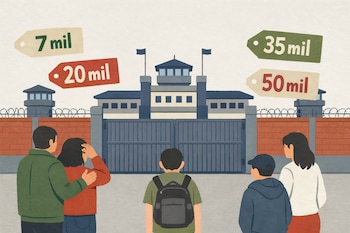 Ilustración de una escuela con portón cerrado. Cuatro etiquetas de precios flotan: 7 mil, 20 mil, 35 mil y 50 mil. Cinco personas de espaldas miran la escuela.