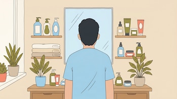 Ilustración de una persona de espaldas frente a un espejo en un baño, con estantes llenos de frascos de productos, toallas dobladas y plantas decorativas.