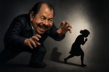 Caricatura de un hombre con bigote agachado que extiende las manos hacia la silueta negra de una niña que corre sobre un fondo oscuro.