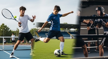 Un collage muestra a un adolescente practicando tres deportes: tenis con raqueta y pelota, fútbol pateando un balón y boxeo con guantes y casco.