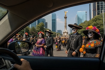 Mano en el volante de un vehículo y ventanilla hacia un desfile de personas con trajes típicos y maquillaje de calaveras frente a un monumento.