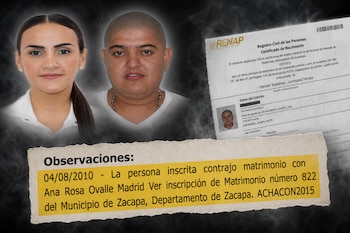 Retratos de una mujer y un hombre junto a un certificado de nacimiento oficial y un texto sobre una inscripción de matrimonio.
