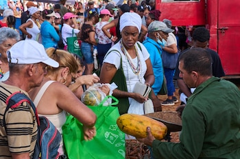 Multitud de cubanos en un mercado. Un hombre con camisa verde pesa una papaya en una balanza mientras una mujer con turbante blanco observa y otros clientes esperan
