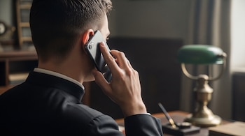 Sacerdote sostiene un teléfono móvil en su oído derecho, frente a un escritorio con una lámpara verde.