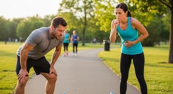 Un hombre y una mujer, ambos con ropa deportiva, se muestran exhaustos y con dificultad para respirar mientras hacen ejercicio en un parque soleado.
