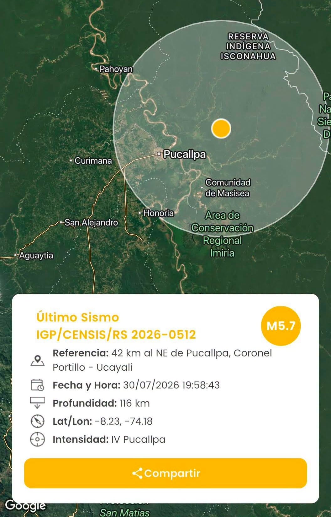 Un mapa satelital muestra el epicentro de un sismo de magnitud 5.7 cerca de Pucallpa, Ucayali, según el Instituto Geofísico del Perú.