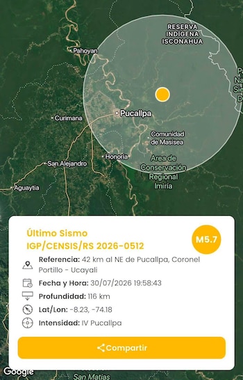 Mapa satelital con Pucallpa, epicentro marcado. Tarjeta de datos sísmicos: magnitud 5.7, profundidad 116 km, fecha 30/07/2026, intensidad IV Pucallpa