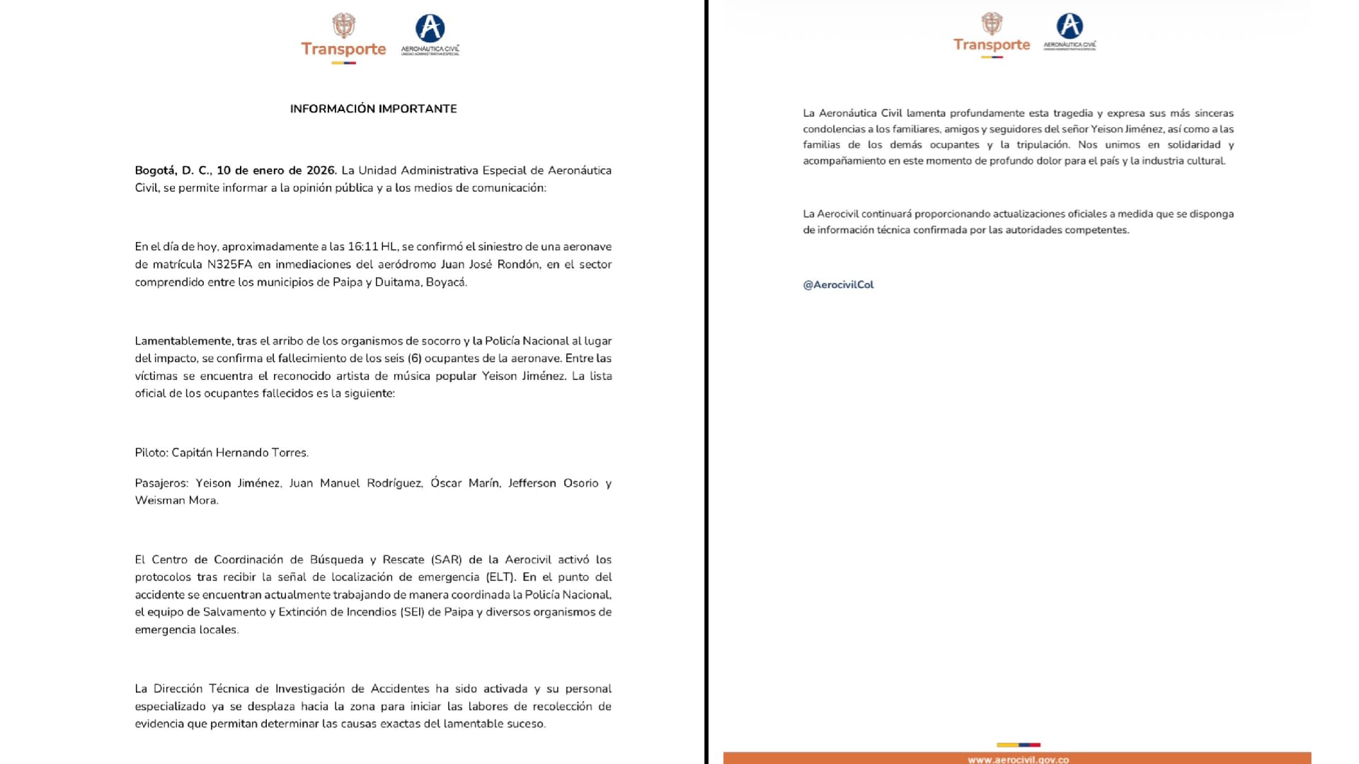 Este fue el nuevo comunicado de la Aeronáutica Civil lamentando la muerte del artista caldense - crédito Aerocivil/X