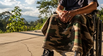 Vista parcial de un hombre sentado en silla de ruedas con manta de camuflaje, pierna protésica visible y manos entrelazadas sobre su regazo al aire libre.