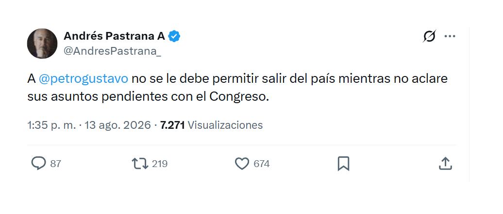 El expresidente Andrés Pastrana reaccionó en sus redes sociales al permiso entregado al exmandatario Gustavo Petro por parte del Senado - crédito @AndresPastrana_/X
