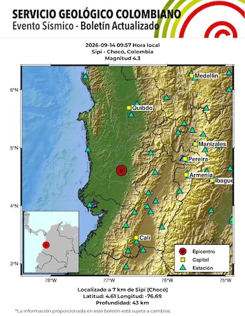 Según el SGC se reportó un movimiento telúrico, de magnitud de 4,3 en el departamento de Chocó - crédito SGC