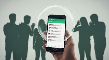Una mano sostiene un smartphone con la pantalla de WhatsApp activa, dentro de una esfera transparente, con siluetas de personas difuminadas detrás.